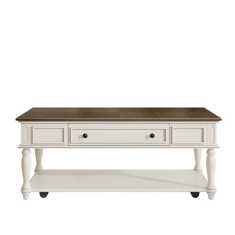 Farmhouse 47.2" Coffee Table with Drawer, Retro Design Easy Assembly and Movable Lockable Wheels for Living Room