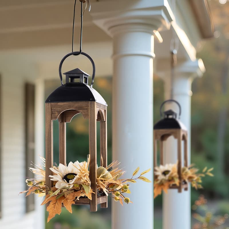 Glitzhome Set of 2 Farmhouse Church Style Hanging Candle Holders Wooden Lanterns Fall Wedding Decor