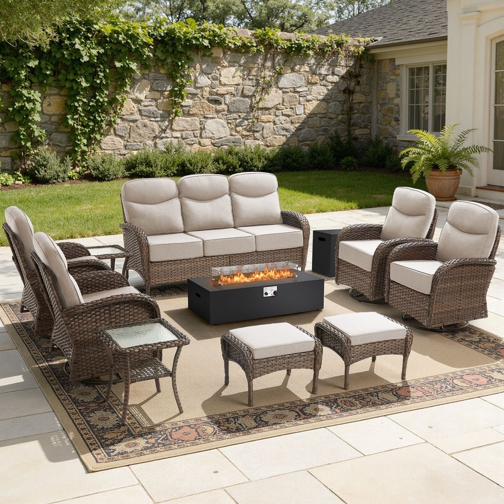 Meyreso 10-Piece Wicker Outdoor Patio Fire Pit Sofa Set with 6-Inch Thick Cushions