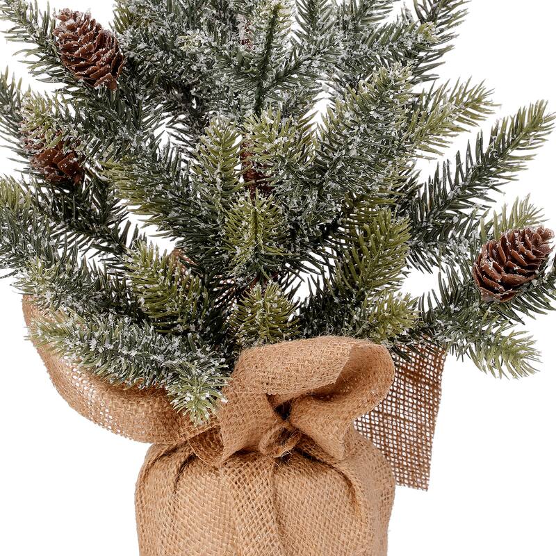 16" Faux Snow Frost Pine Tree In Burlap Set of 2