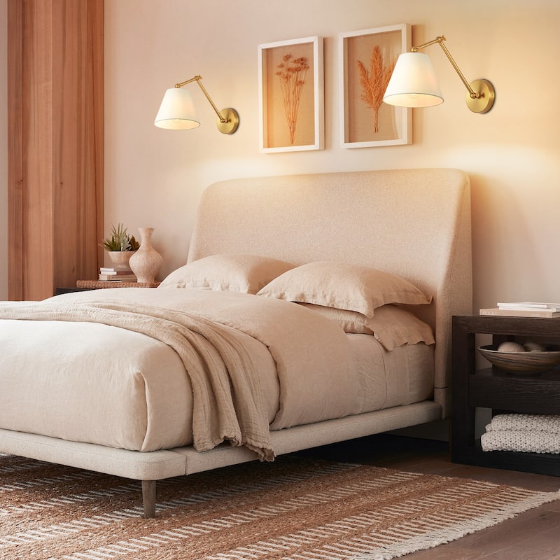 1-Light Modern Brushed Gold Adjustable Swing Arm Wall Sconce with Cone Fabric Shade for Bedroom, Study