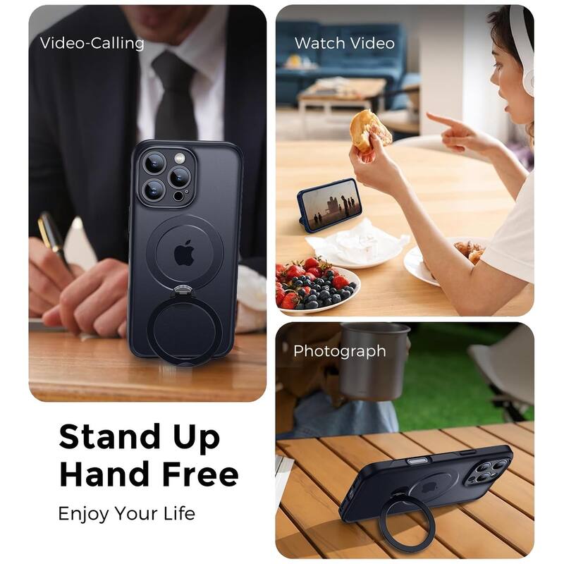 iPhone 16 Pro 360° Adjustable Stand Compatible with MagSafe, Translucent Cover with Magnetic Ring Case Non-Slip and Shockproof