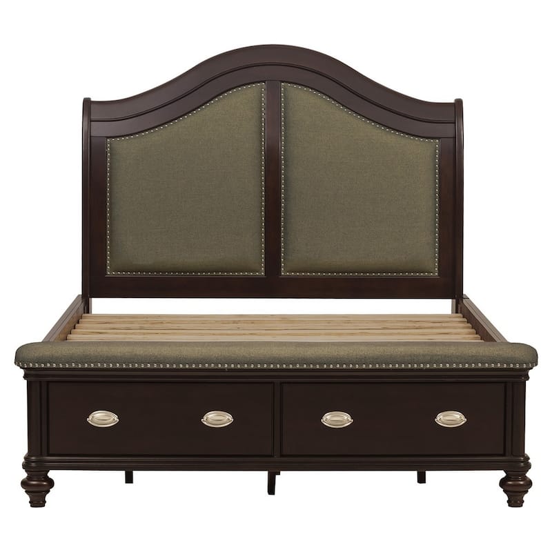 Stoe Queen Sleigh Bed, Padded Headboard, Storage Footboard, Brown Wood