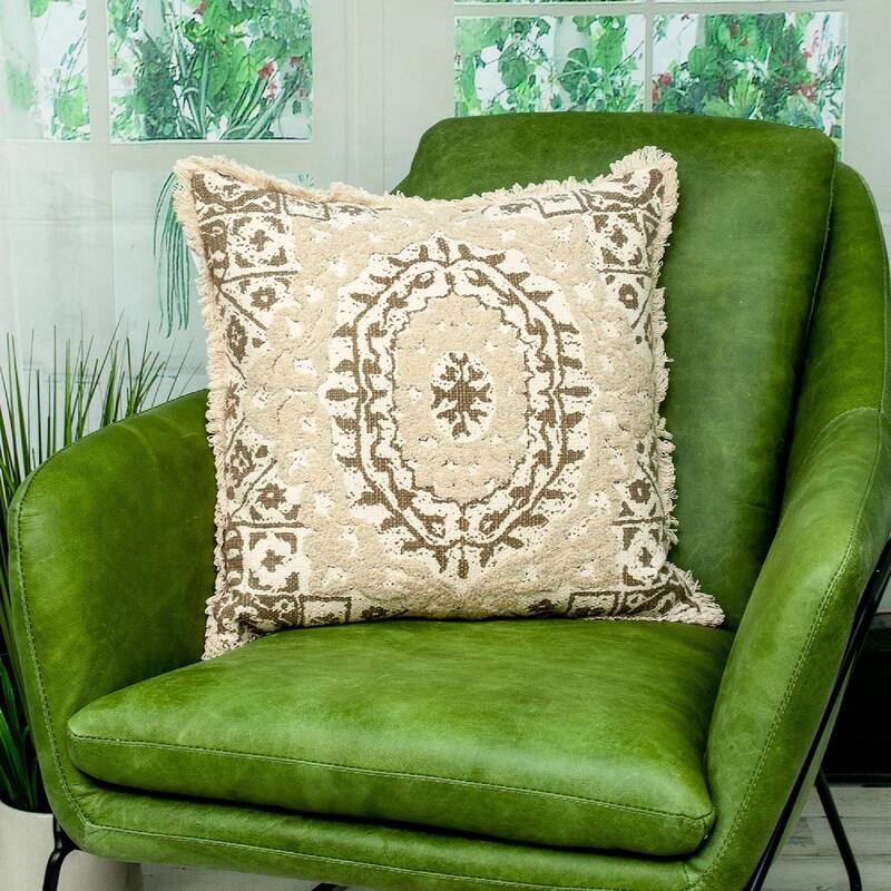 18" Beige and Brown Embroidered Ethnic Design Throw Pillow