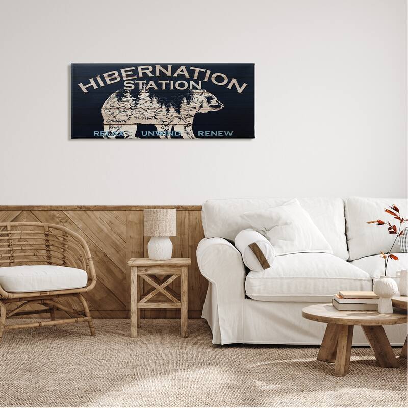 Stupell Hibernation Station Sign Wilderness Bear Trees Silhouette Canvas Wall Art - Black