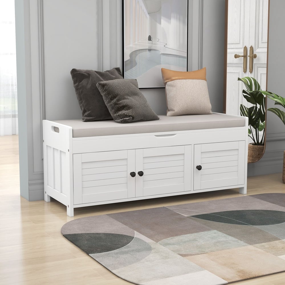 Storage Bench with 3 Shutter-shaped Doors, Shoe Bench with Removable Cushion and Hidden Storage Space