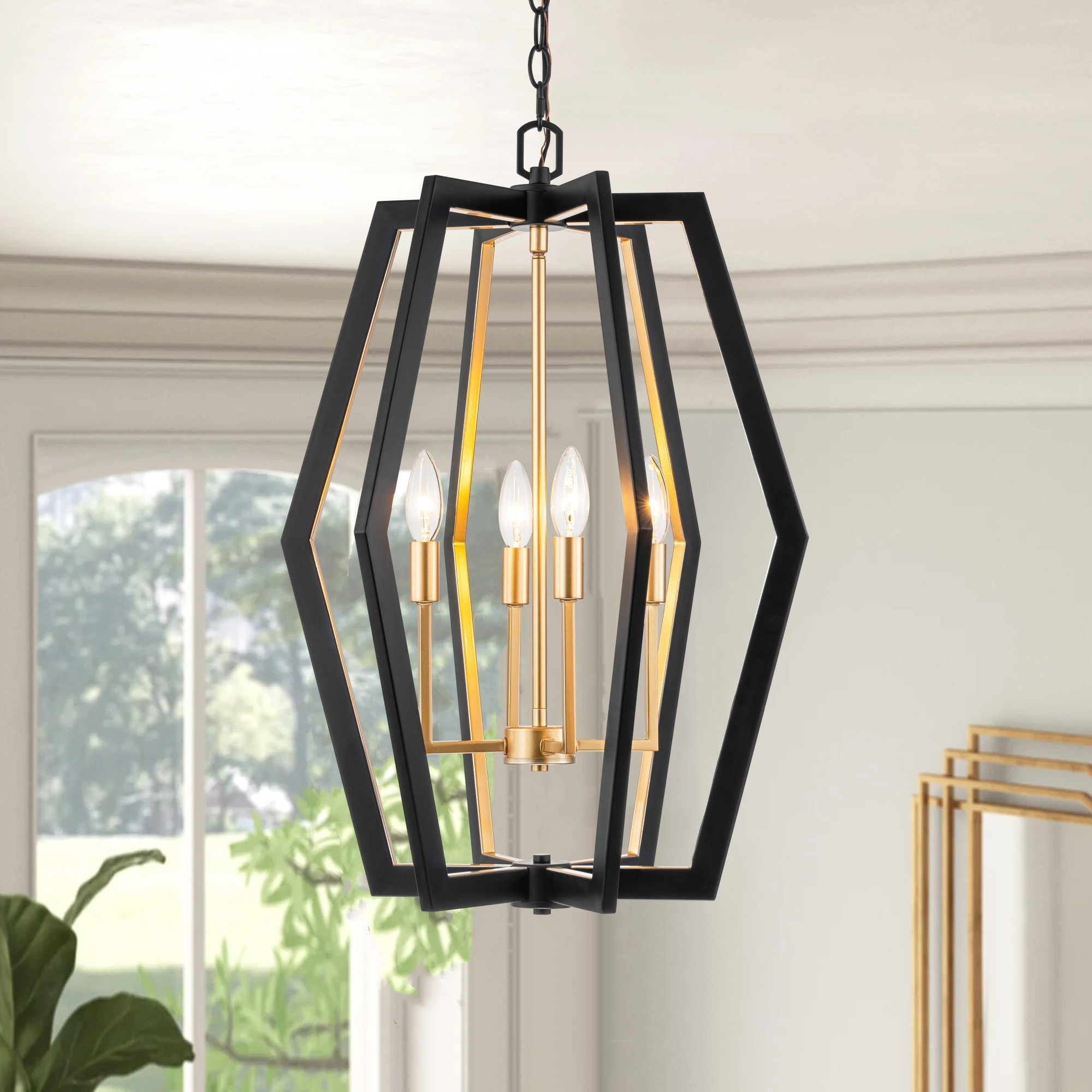 Rrtyo Karsha 4 Light Industrial Geometric Pendant Rhombus Lantern Candle Chandelier for Foyer Dining Room Black