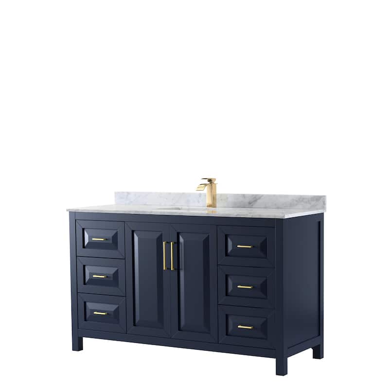 Daria 60-inch Single Vanity, Marble Top, No Mirror - Dark Blue, Gold Trim, White Carrara Marble Top