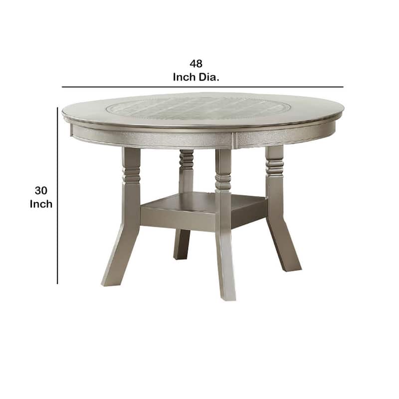 Round Wooden Dining Table with Glass Inserted Top, Champagne Silver