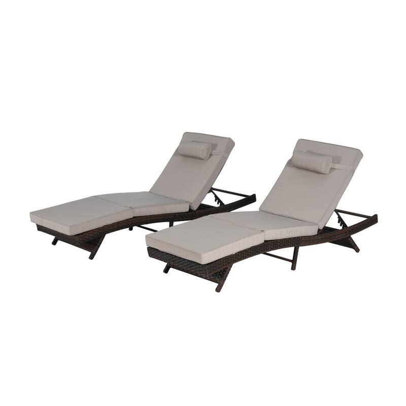 2 Piece Outdoor Wicker Long Reclining Chair Set, Sunbathing Recliner for Beach Poolside Garden