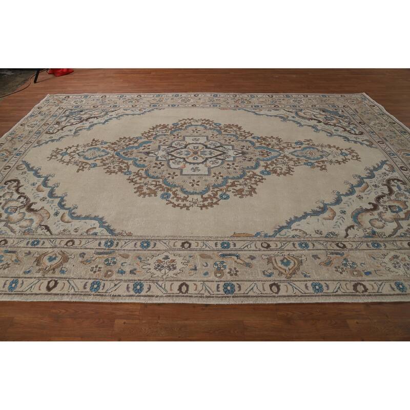 Hand Knotted Oriental 100% Wool Carpet Traditional Medallion Beige & Ivories Tabriz Area Rug - 11' 7'' X 8' 4''