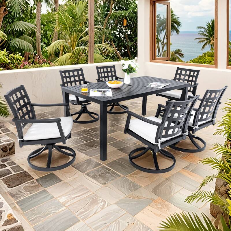 7 Pieces Patio Dining Set, All Weather Outdoor 6 Swivel Rocking Chairs and Rectangular Dining Table Set with Umbrella Hole