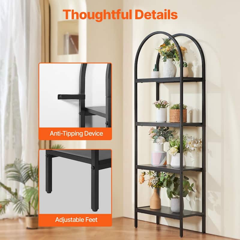 4-Tier Black Metal Freestanding Bookshelf with Adjustable Foot Pads Suitable for Any Room - 23.62" x 11.81" x 70.87"