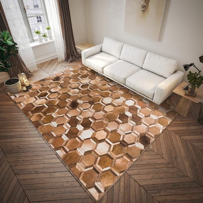 Indoor/ Outdoor Laredo Hexegon Faux Hide Patchwork Washable Area Rug