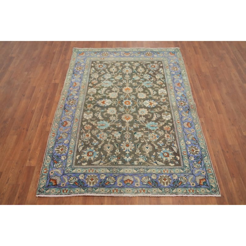 Hand Knotted Oriental 100% Wool Carpet Traditional Floral Greys & Charcoal Tabriz Area Rug - 6' 3'' X 4' 7''