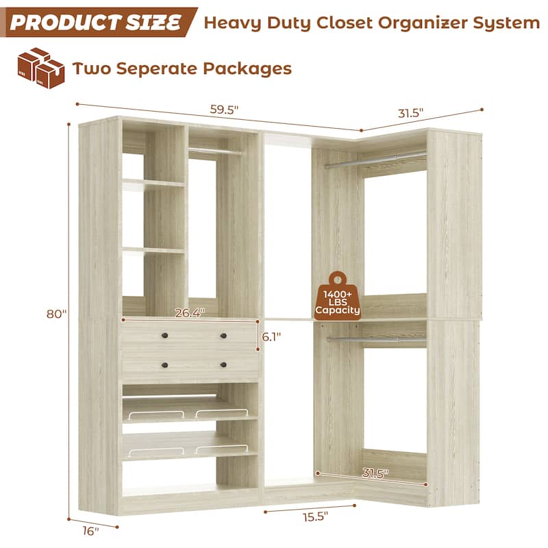 Set of 2/ 3 Coner Closet System with Shoe Racks and Drawers, Freestanding Closet Organizer with Hanging Rods and Shelves