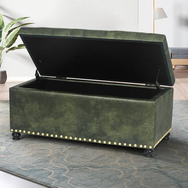 Adeco Rectangular Storage Ottoman Tufted Faux-Leather Bench Lifted Top