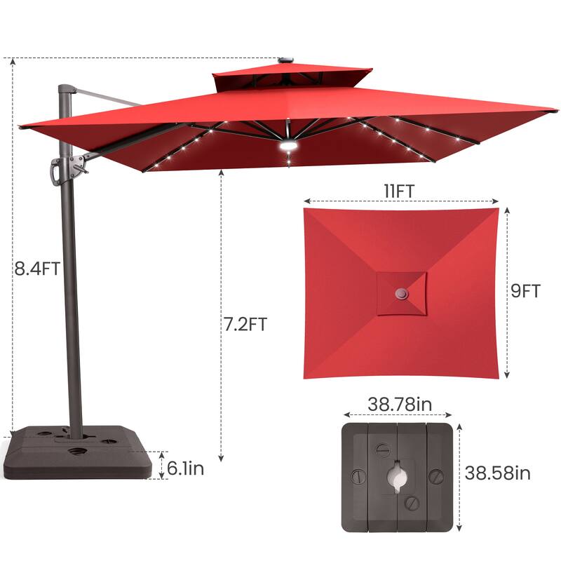 9 x11 FT LED Lighted Patio Cantilever Umbrella Double Top with Weighted Base