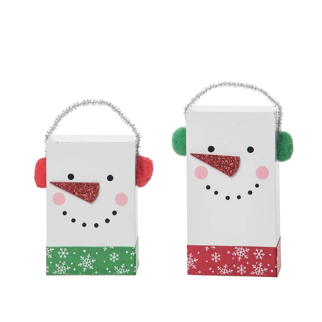 Transpac Wood 5.51 in. White Christmas Snowman Block Decor Set of 2