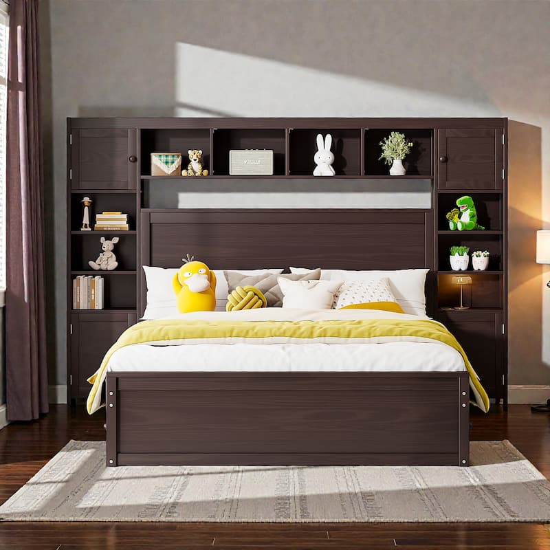 Queen Size Wooden Platform Bed with Storage Drawers, Shelves and Built-In Outlets, All-in-One Headboard Bed