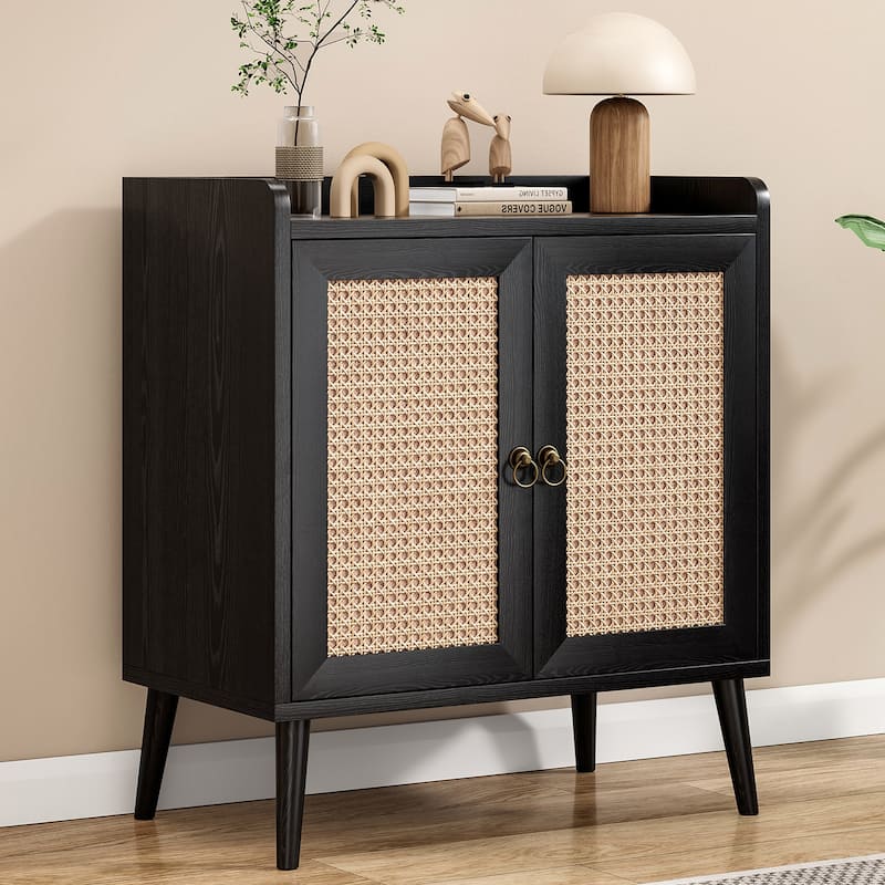 Sideboard Buffet Cabinet with Storage, Bar Liquor Cabinet with Rattan Decorated Doors, Credenza Console Tablefor Dining Room