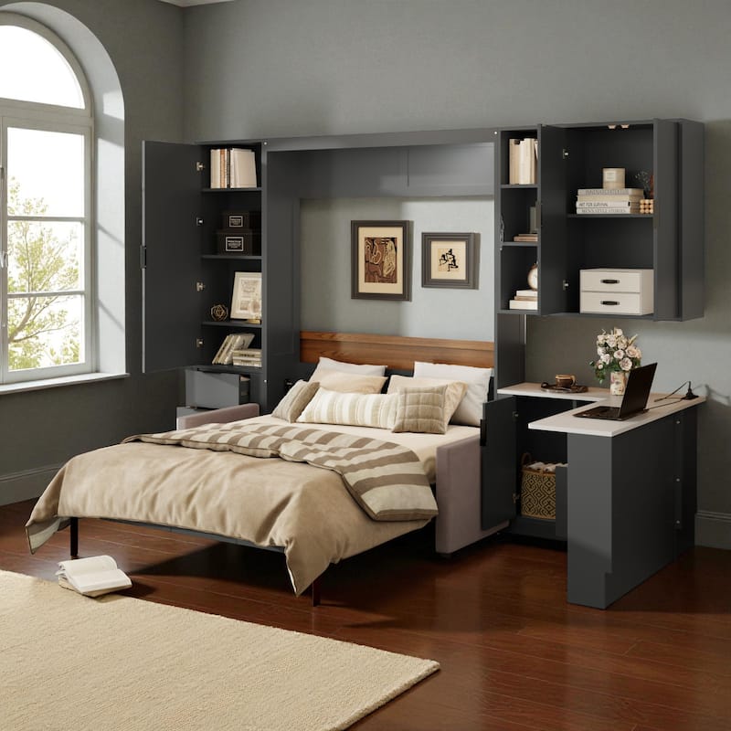 Queen Wall Murphy Bed with Hydraulic Lift Storage, Sofa, Shelves, Drawers, LED & USB Lighting for Small Spaces