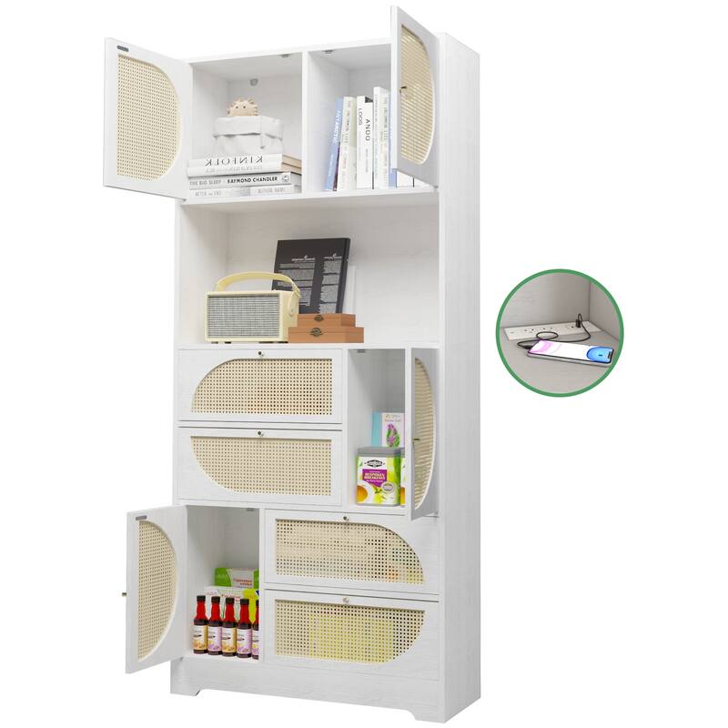 Modern Rattan Door Hutch Cabinet with Power Outlet, Tall Freestanding Pantry with Drawers and Shelves, Buffet Sideboard - White