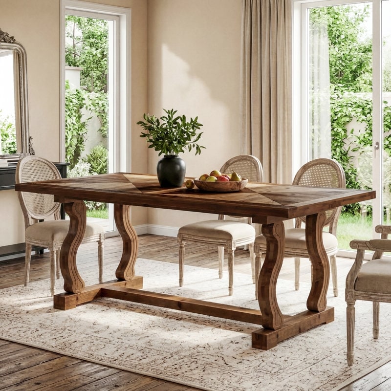 63" Solid Wood Dining Table for 4-6, Diamond Parquetry Top and S-Scroll Legs