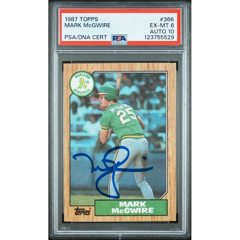 Mark McGwire 1987 Topps Signed Baseball Rookie Card #366 Graded PSA 6 Auto 10 Cert # 123755529 - 8' x 11'