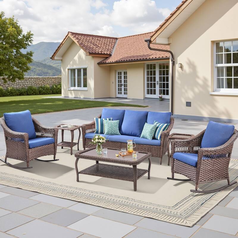 Pocassy 6 Piece Sofa Rocker Chair with Coffee Table - Brown & Blue