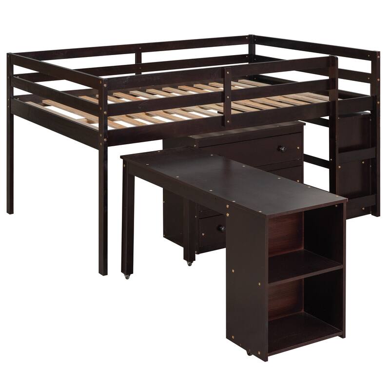 Multiple Functions Low Loft Bed with Cabinet, Shelves and Rolling Portable Desk