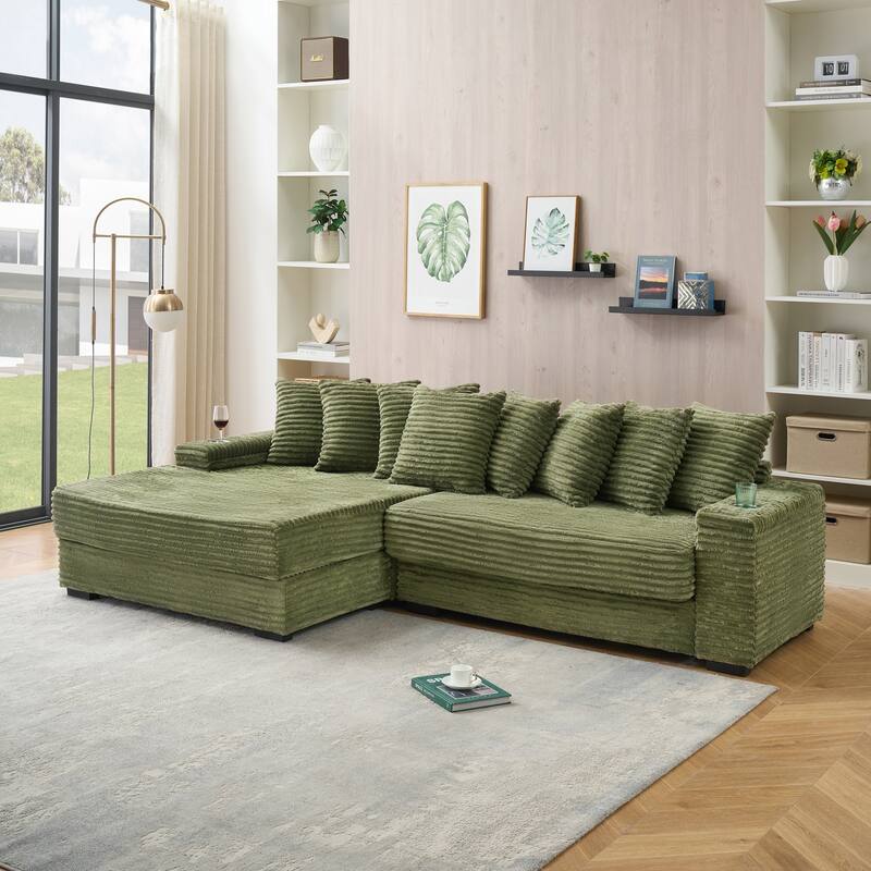 Oversized Two-Piece Couches, L Shaped Sofa, Corduroy, Right Chaise Daybed,with Armrests,Eight Throw Pillows,Corner Sofa