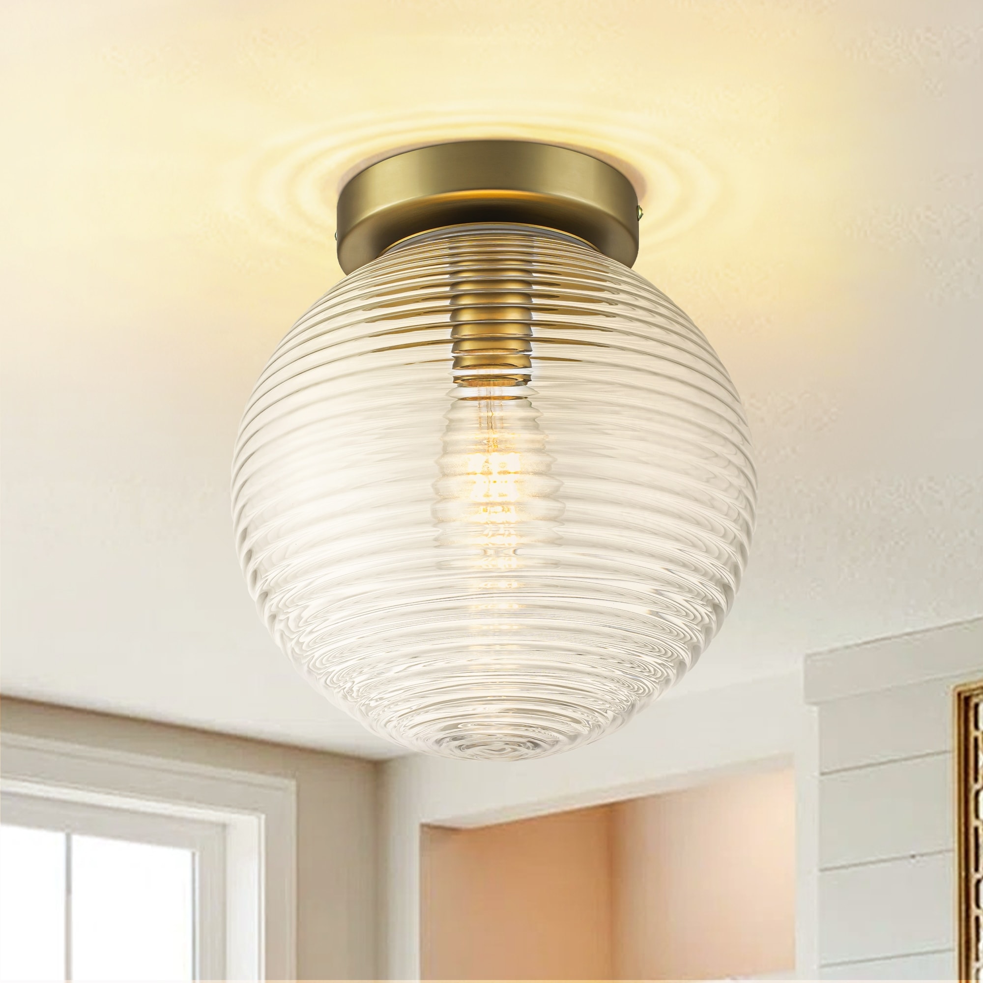 Rennnsan 9.84 in. 1-Light Modern Brushed Gold Ribbed Clear Glass Globe Semi-Flush Mount Ceiling Light - 9.84 in. W x 10.63 in. H