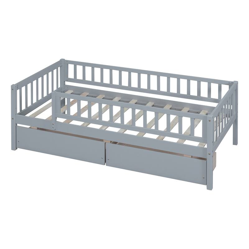 Twin Size Wood Daybed with Two Drawers, Space-Saving Design, Gray Finish