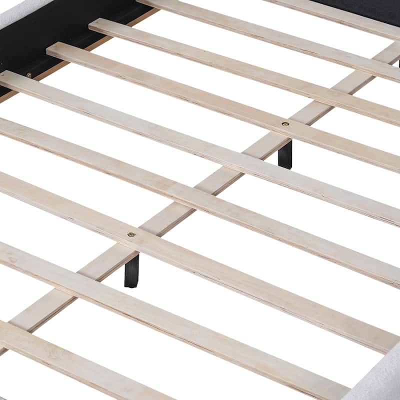 White Platform Bed Wingback Frame with Boucle Upholstered Curved Headboard, Solid Wood Base Low Profile Bed