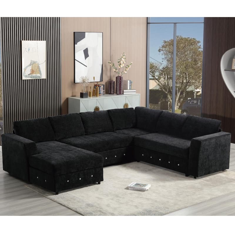 110.75" Sectional Sofa, Modular, U Shaped, Chenille, Black with Storage