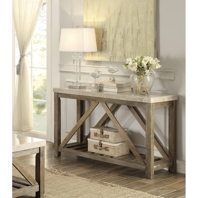 Industrial Style Angled Support 1pc Sofa Table with Bottom Shelf Marble Top Creamy Wooden Living Room Furniture Console Table
