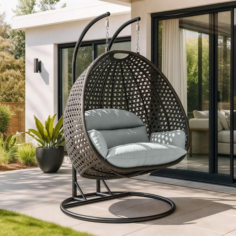 LeisureMod 2-Person Charcoal Wicker Egg Swing - Includes Metal Stand & Cushions - Modern Double Patio Lounger