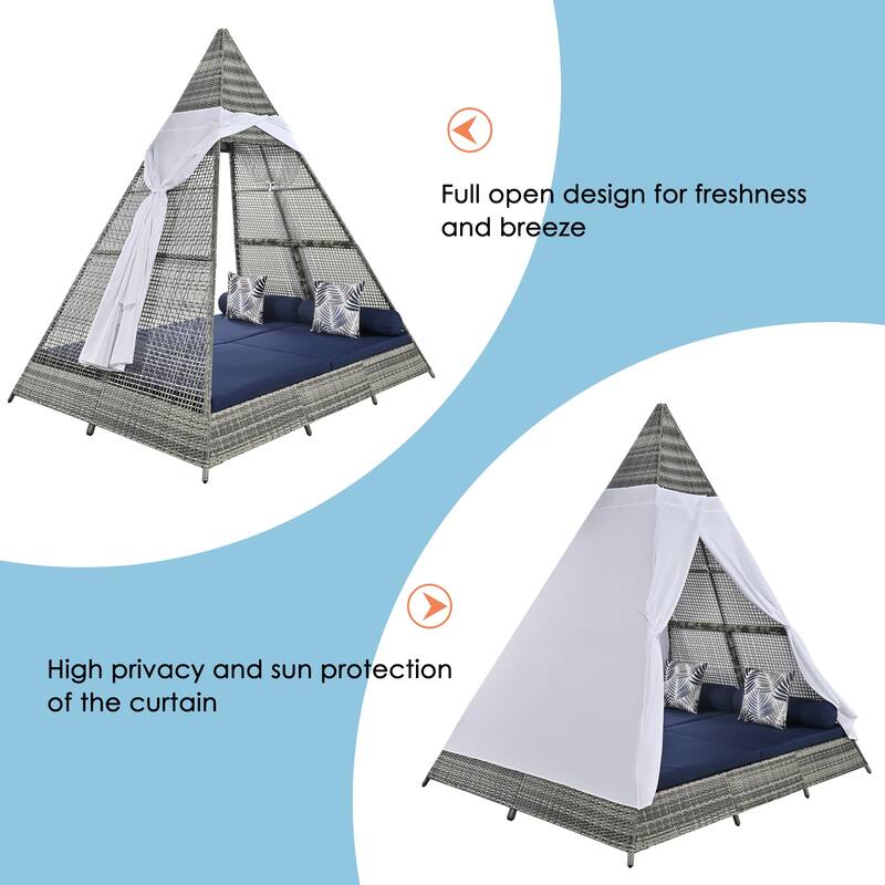 90.5" Outdoor Wicker Sunbed With Colorful Pillows, Cushions & Tent Shape