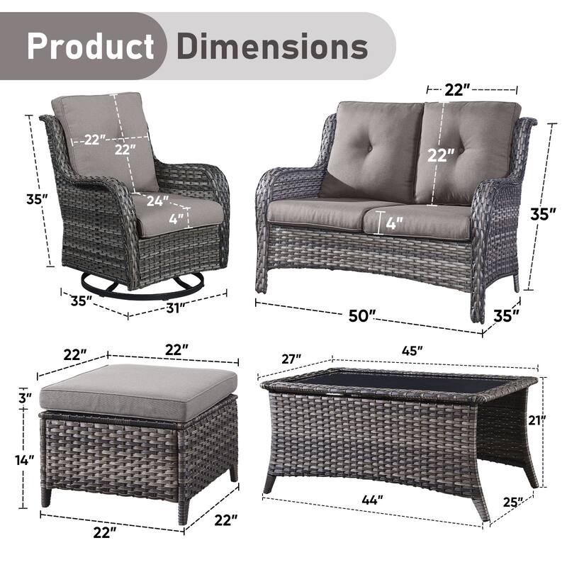 Pocassy Outdoor 4 Inch Sofa Swivel Chairs Table Ottoman