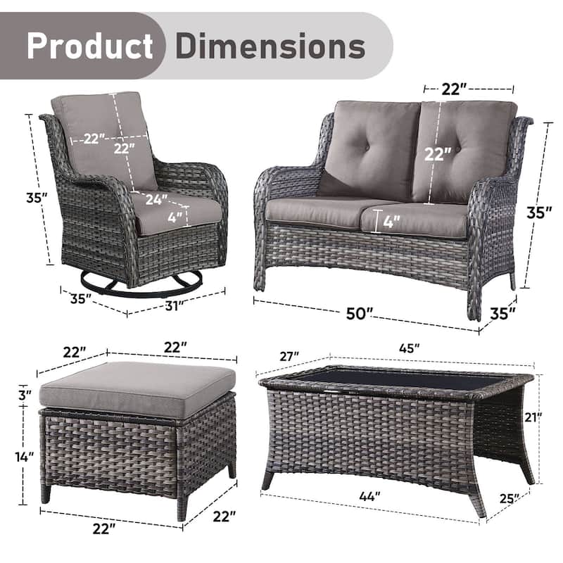 Pocassy Outdoor 6 Pieces 2-Seat Sofa Swivel Chairs Table Ottoman