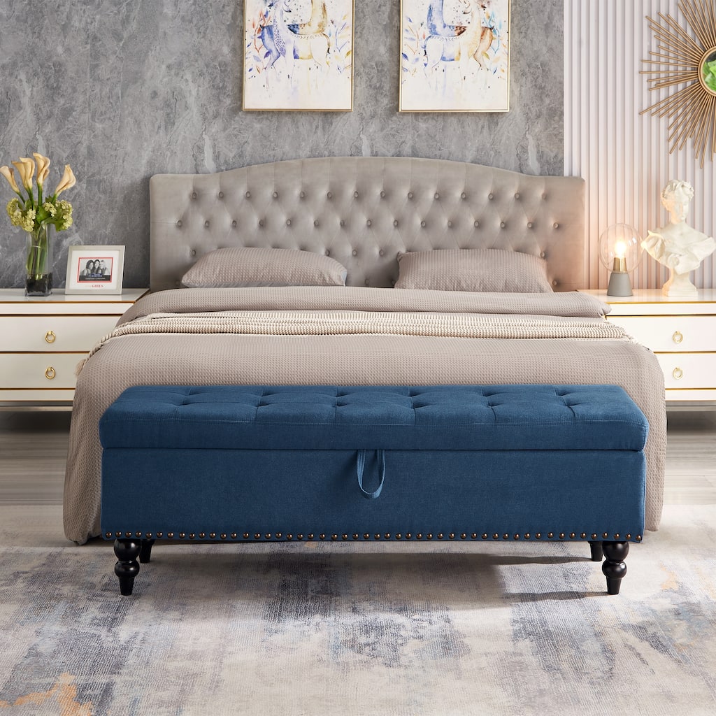 Footrest Bench with Button Tufting and Bronze Stud Accents, Hallway Bench, Upholstered Storage Bench with Solid Wood Legs