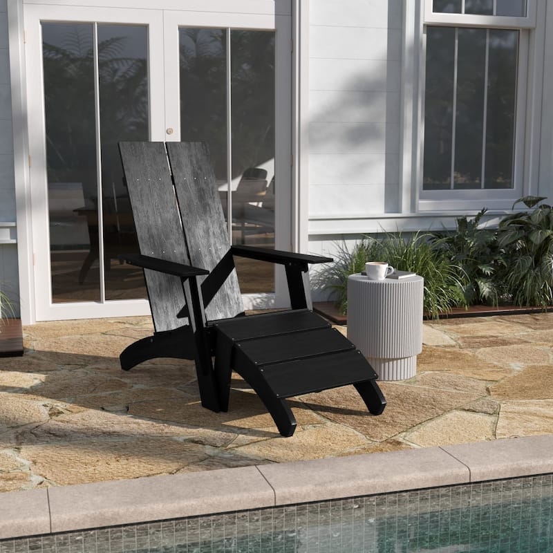 Modern All-Weather Dual Slat Adirondack Style Chair with Footrest - Black