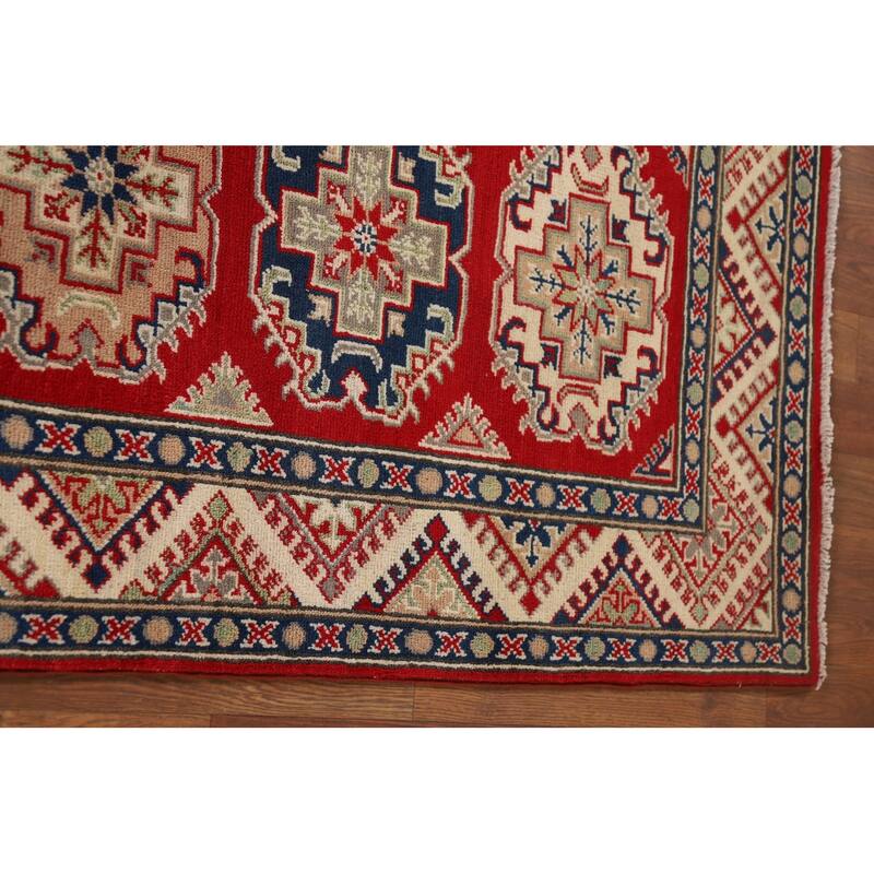Red Geometric Kazak Oriental Runner Rug Hand-Knotted Wool Carpet - 2'8" x 9'4"