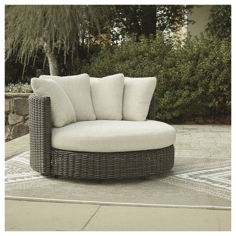 Signature Design by Ashley Kimora Brown/Beige Outdoor Swivel Lounge Chair with Cushion - 60" W x 57.75" D x 38.75" H - 60" W x 57.75" D x 38.75" H - Brown/Beige