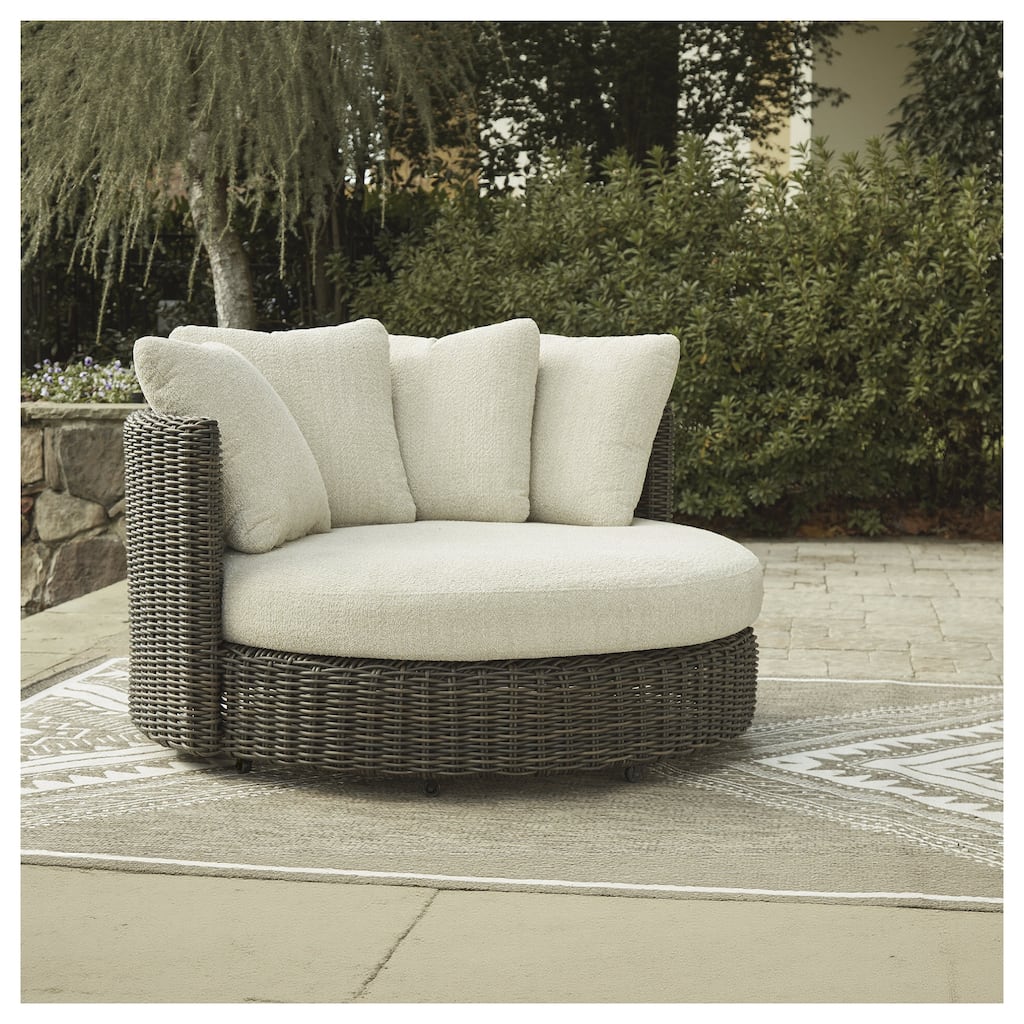 Signature Design by Ashley Kimora Brown/Beige Outdoor Swivel Lounge Chair with Cushion - 60" W x 57.75" D x 38.75" H