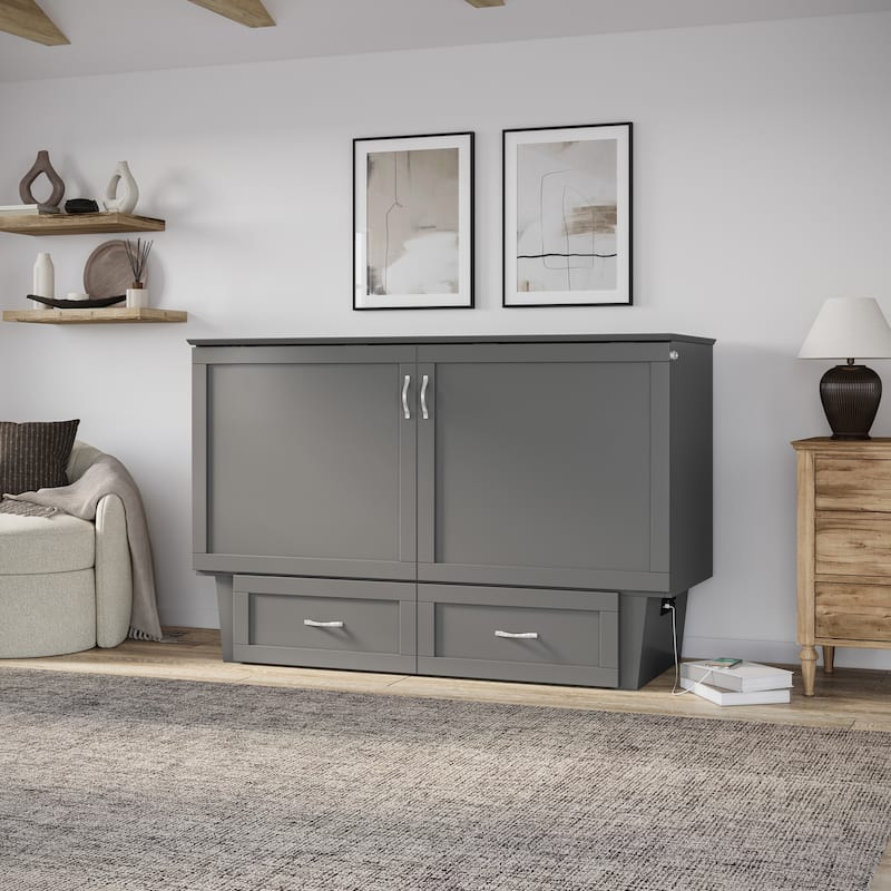 Chelsea Queen Murphy Bed Chest with 6" Mattress, Storage Drawer & Built-In Charger in Grey