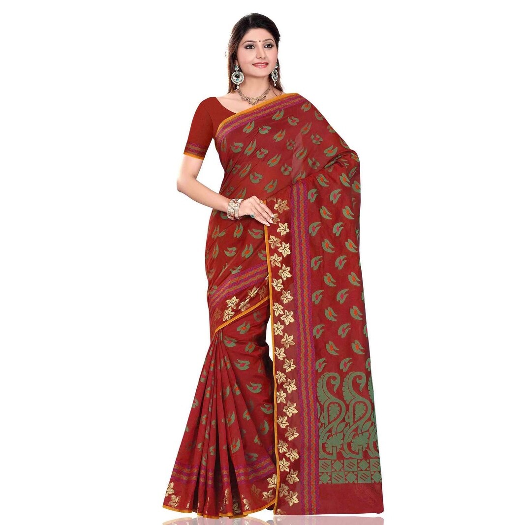 Shop Maroon With Green Leaf Art Silk Indian Saree Sari Wrap