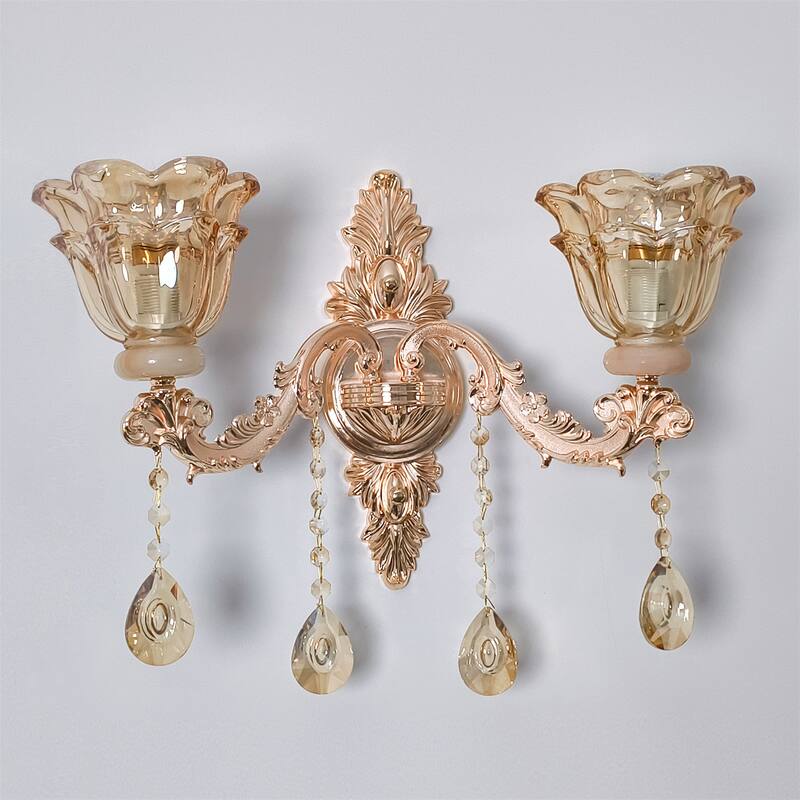 Antique Gold Crystal Wall Sconce Glass Flower Lampshade with Beveled Clear Crystals
