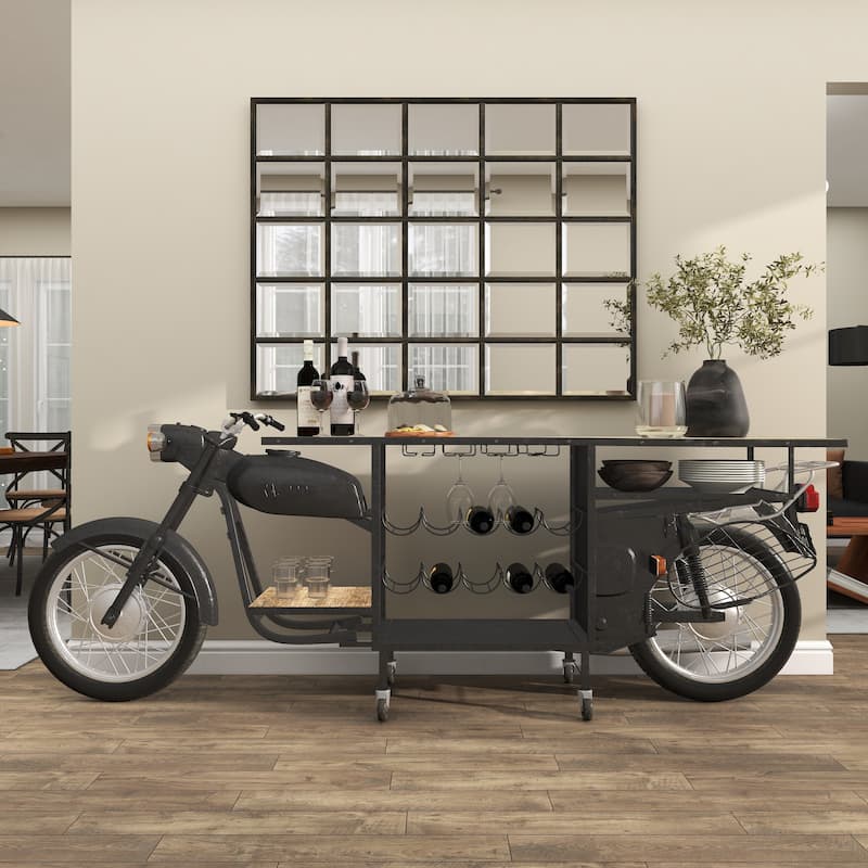 Black Metal Handmade One-of-a-Kind Reclaimed Motorcycle Bar with Light Up Headlights and Taillights - 105 x 18 x 38